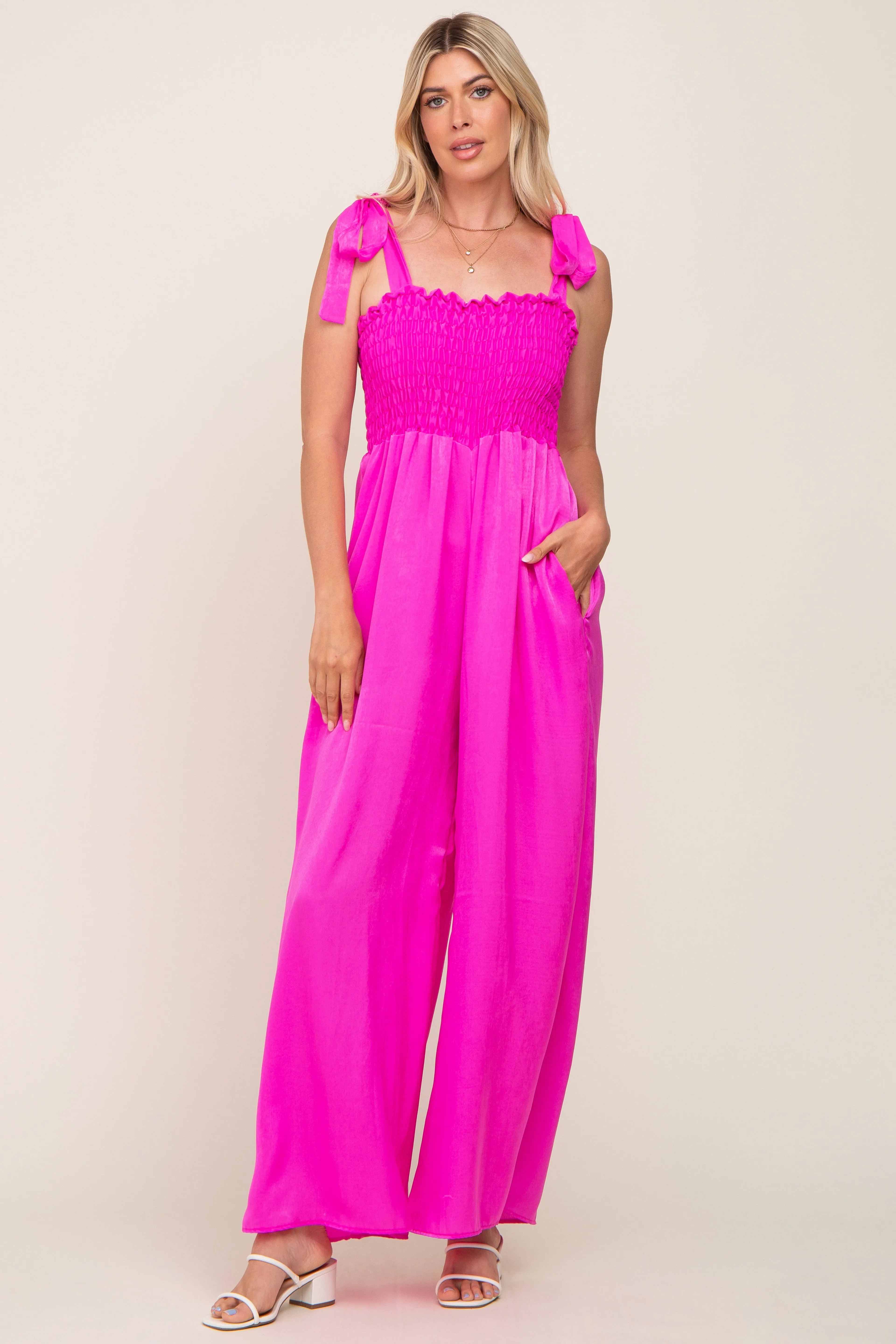 Fuchsia Satin Smocked Square Neck Shoulder Tie Jumpsuit sold by Pinkblush product image thumbnail 4