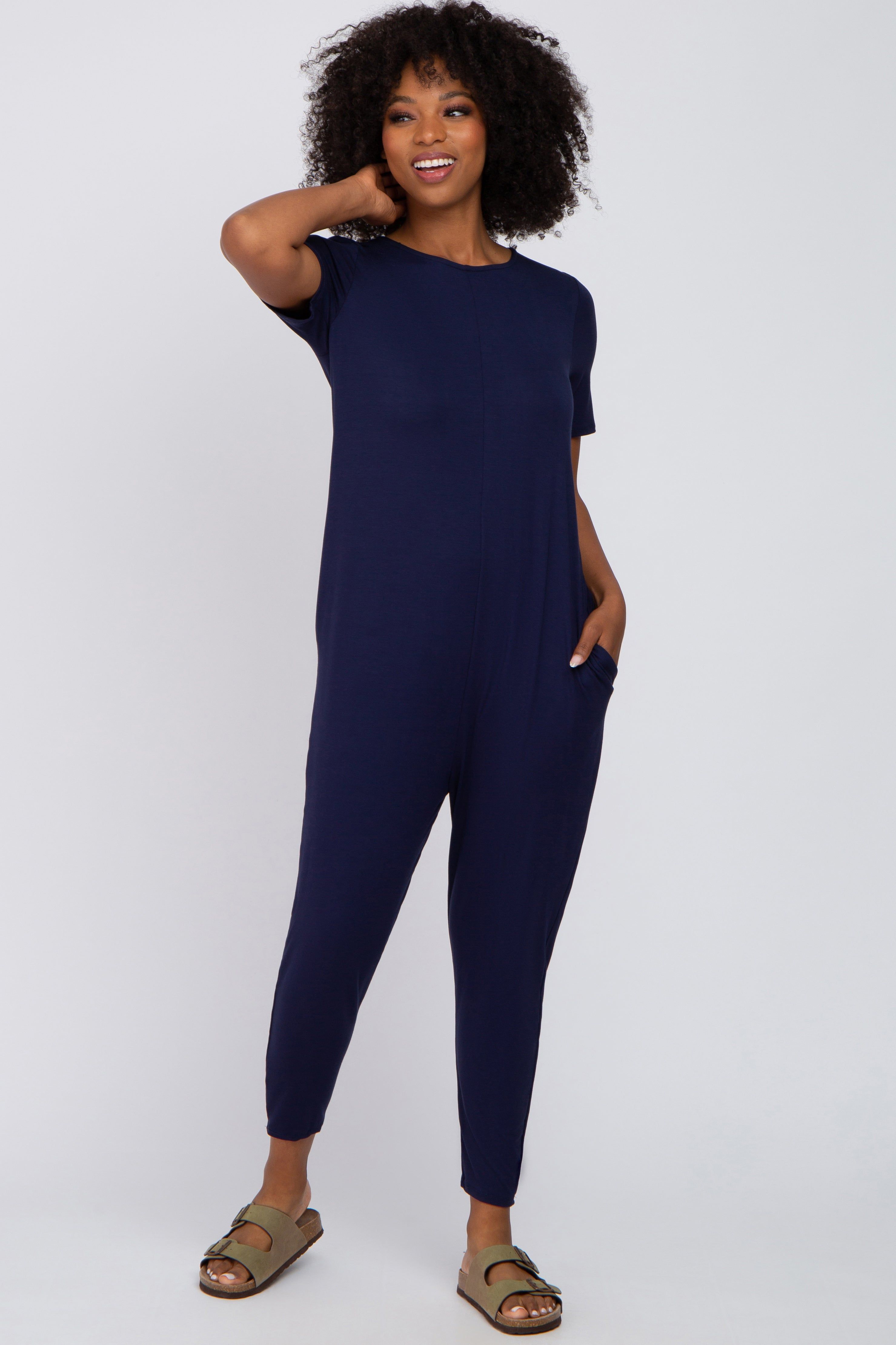 Navy Blue Basic Short Sleeve Jumpsuit sold by Pinkblush