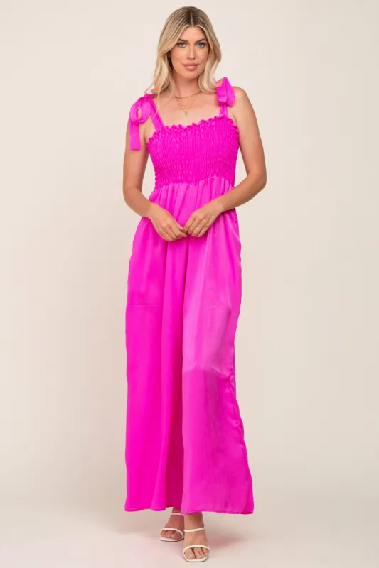 Fuchsia Satin Smocked Square Neck Shoulder Tie Jumpsuit sold by Pinkblush