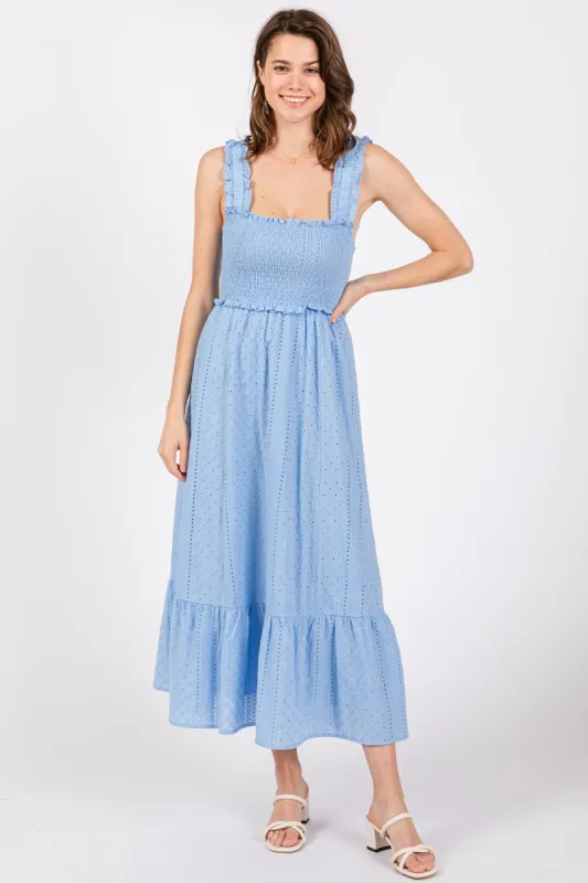 Light Blue Eyelet Smocked Square Neck Midi Dress sold by Pinkblush