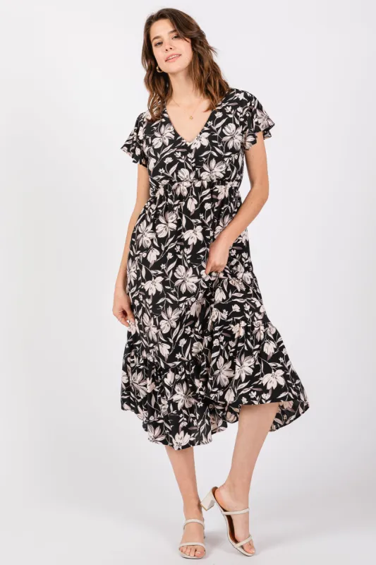 Black Floral Flutter Sleeve Midi Dress sold by Pinkblush