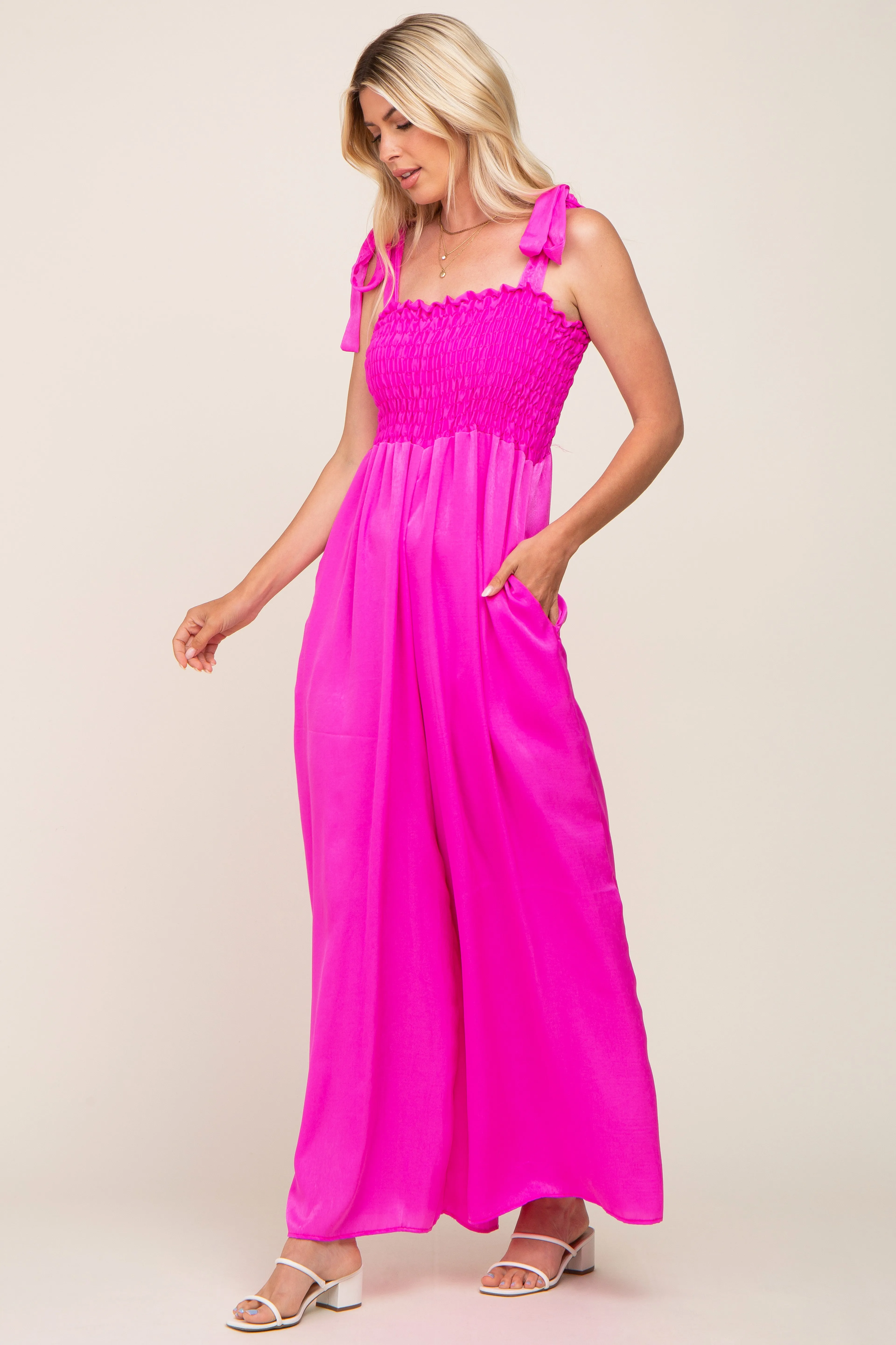 Fuchsia Satin Smocked Square Neck Shoulder Tie Jumpsuit sold by Pinkblush product image thumbnail 2