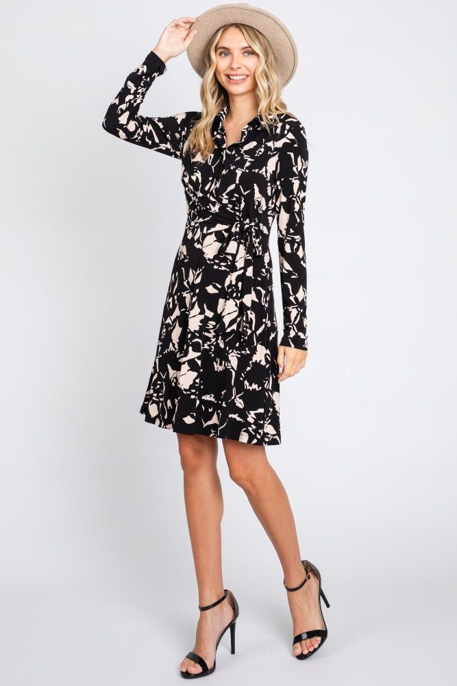 Black Button Front Side Tie Long Sleeve Dress sold by Pinkblush product image thumbnail 4