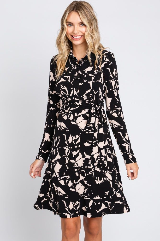 Black Button Front Side Tie Long Sleeve Dress sold by Pinkblush