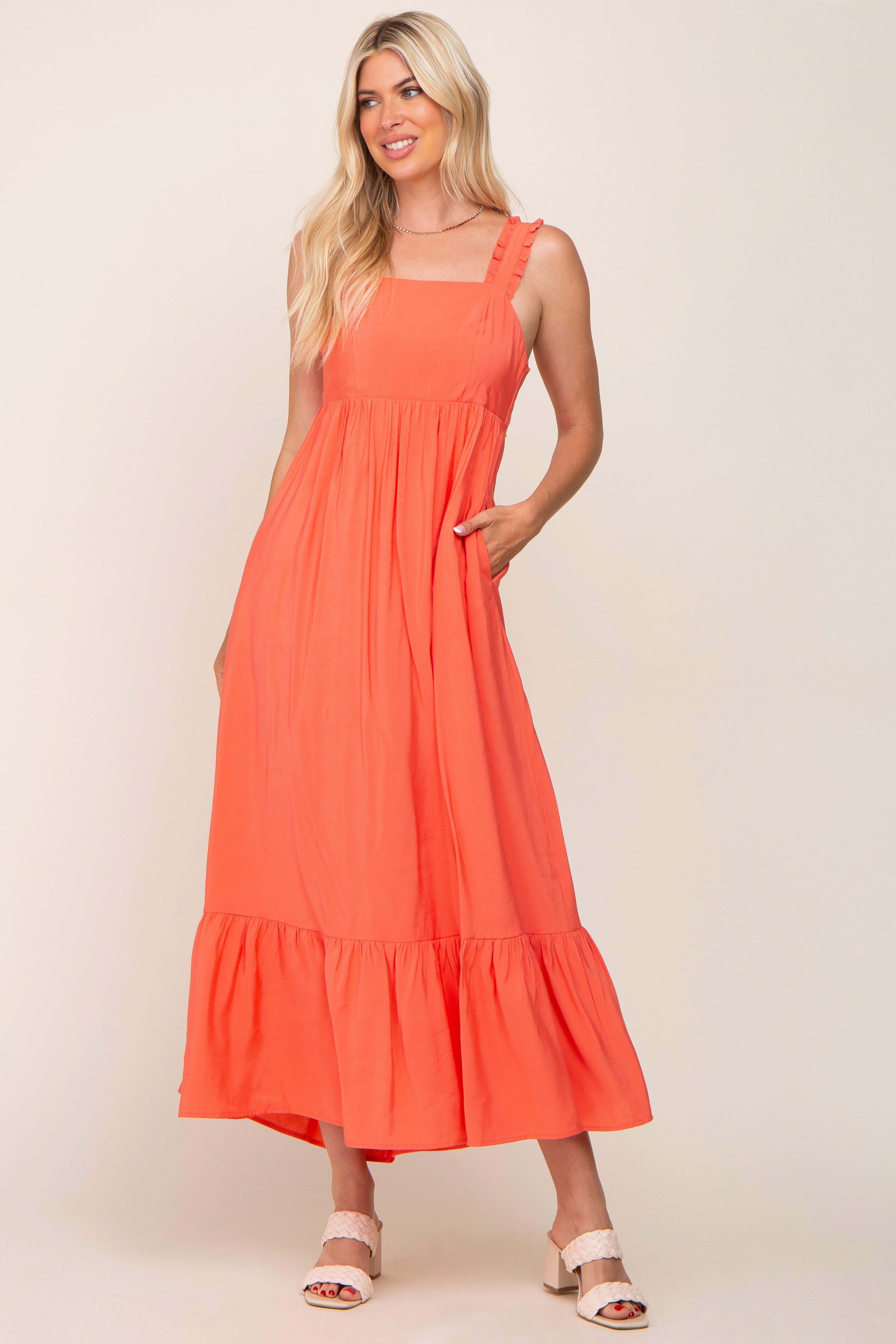 Coral Sleeveless Ruffe Hem Maxi Dress sold by Pinkblush product image thumbnail 4