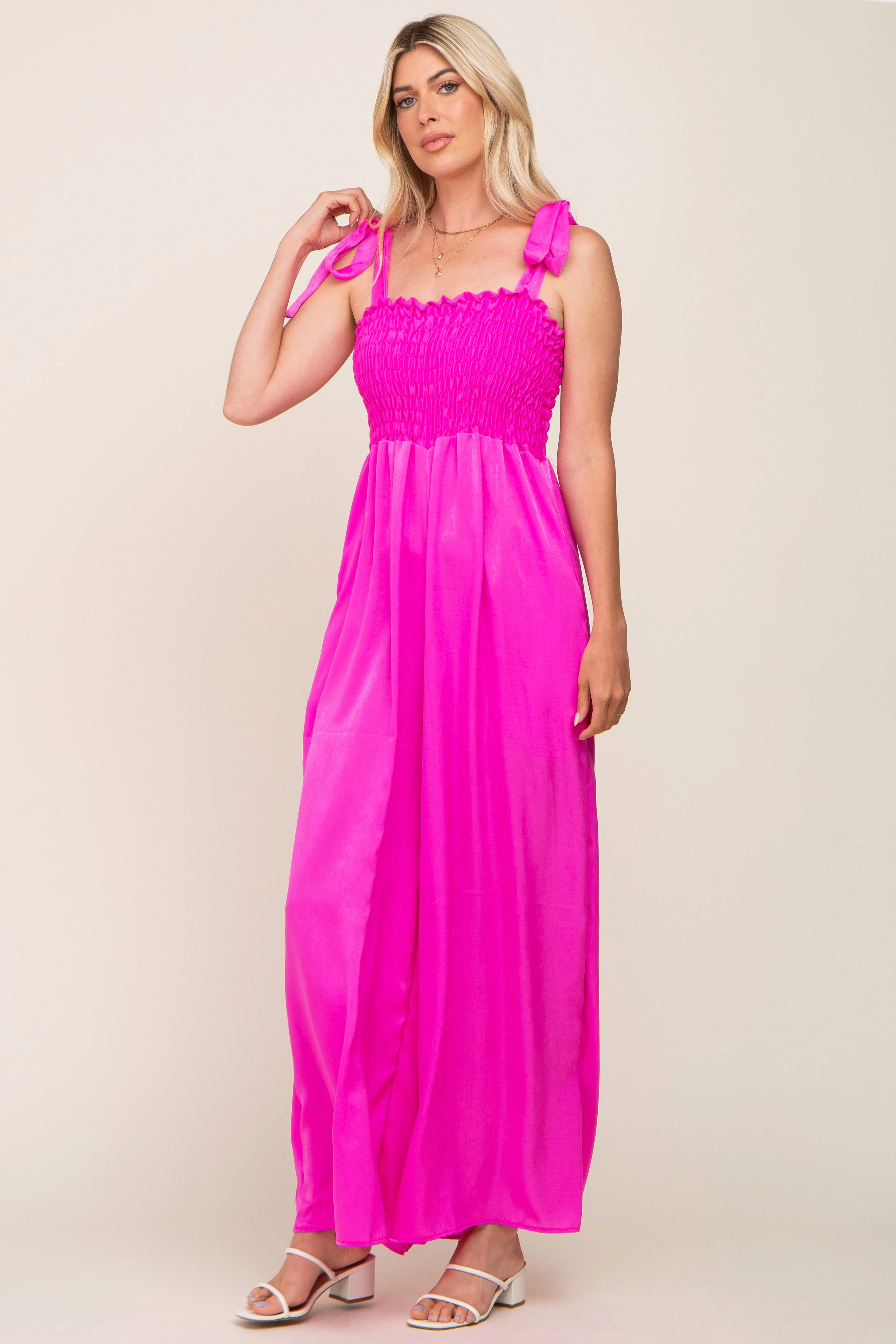 Fuchsia Satin Smocked Square Neck Shoulder Tie Jumpsuit sold by Pinkblush product image thumbnail 5