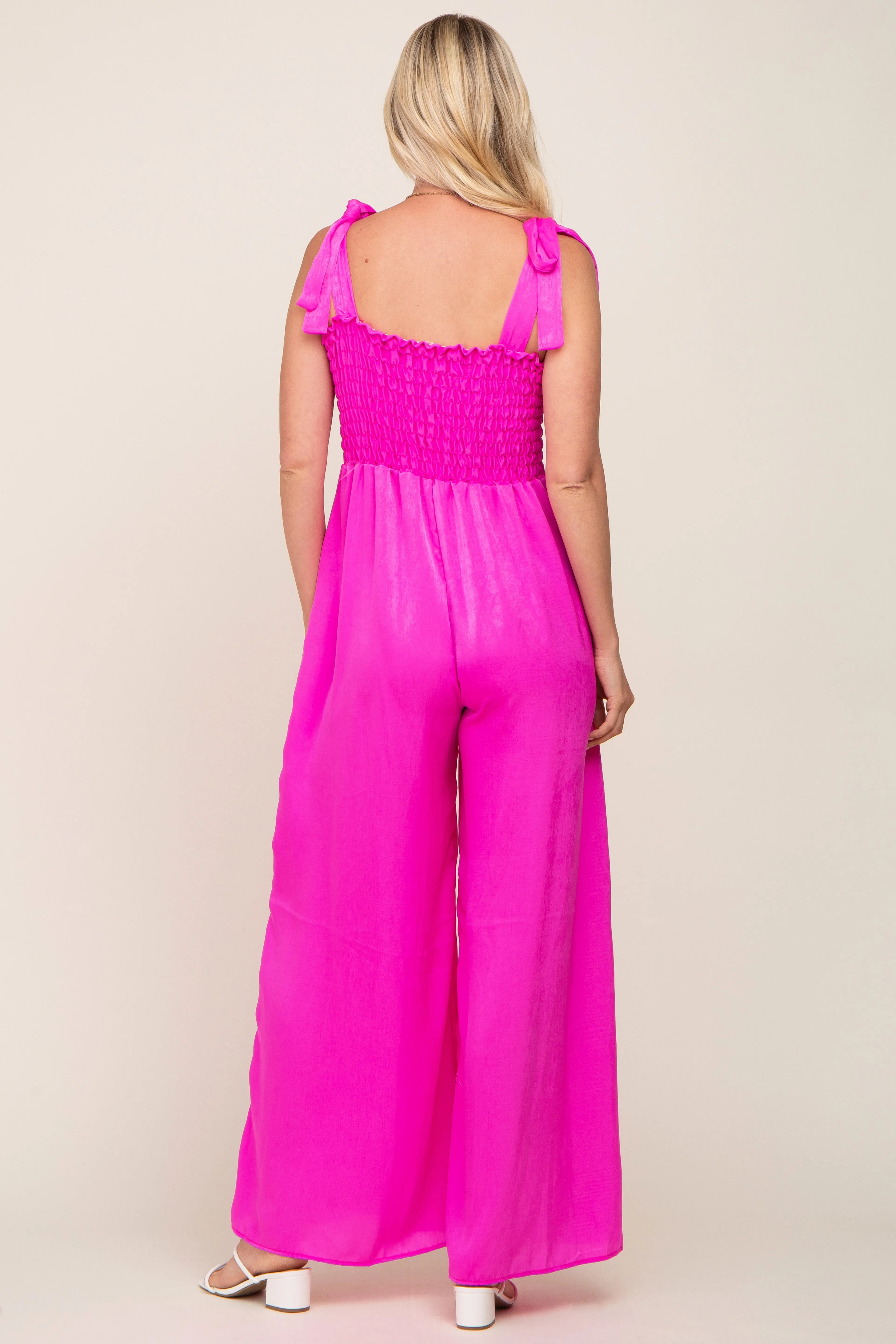 Fuchsia Satin Smocked Square Neck Shoulder Tie Jumpsuit sold by Pinkblush product image thumbnail 3