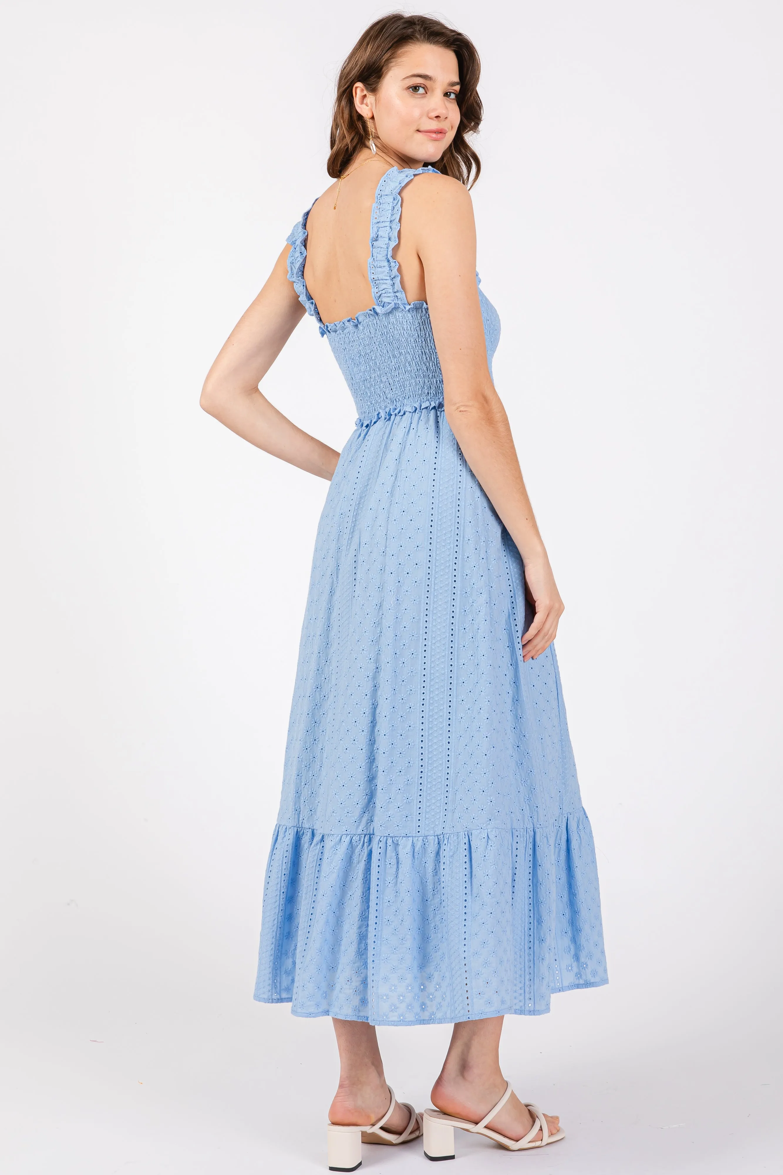 Light Blue Eyelet Smocked Square Neck Midi Dress sold by Pinkblush product image thumbnail 3