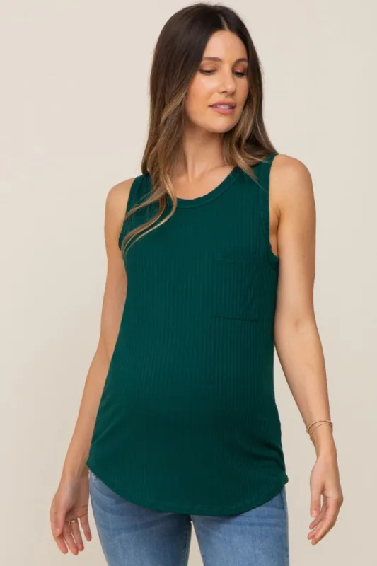Hunter Green Sleeveless Ribbed Pocked Maternity Top sold by Pinkblush