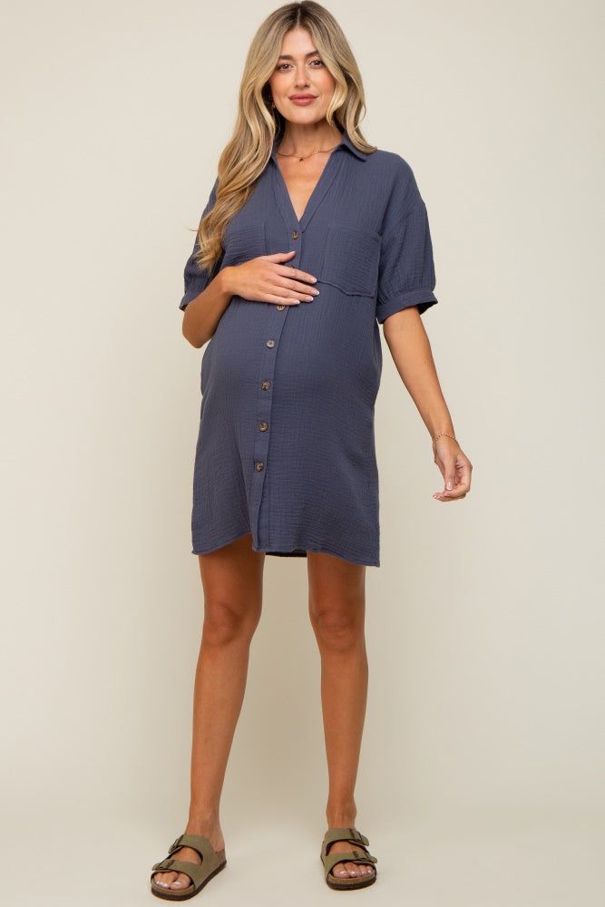 Navy Maternity Mini Shirt Dress sold by Pinkblush product image thumbnail 4