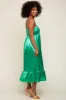 Green Satin Smocked V-Neck Midi Dress sold by Pinkblush