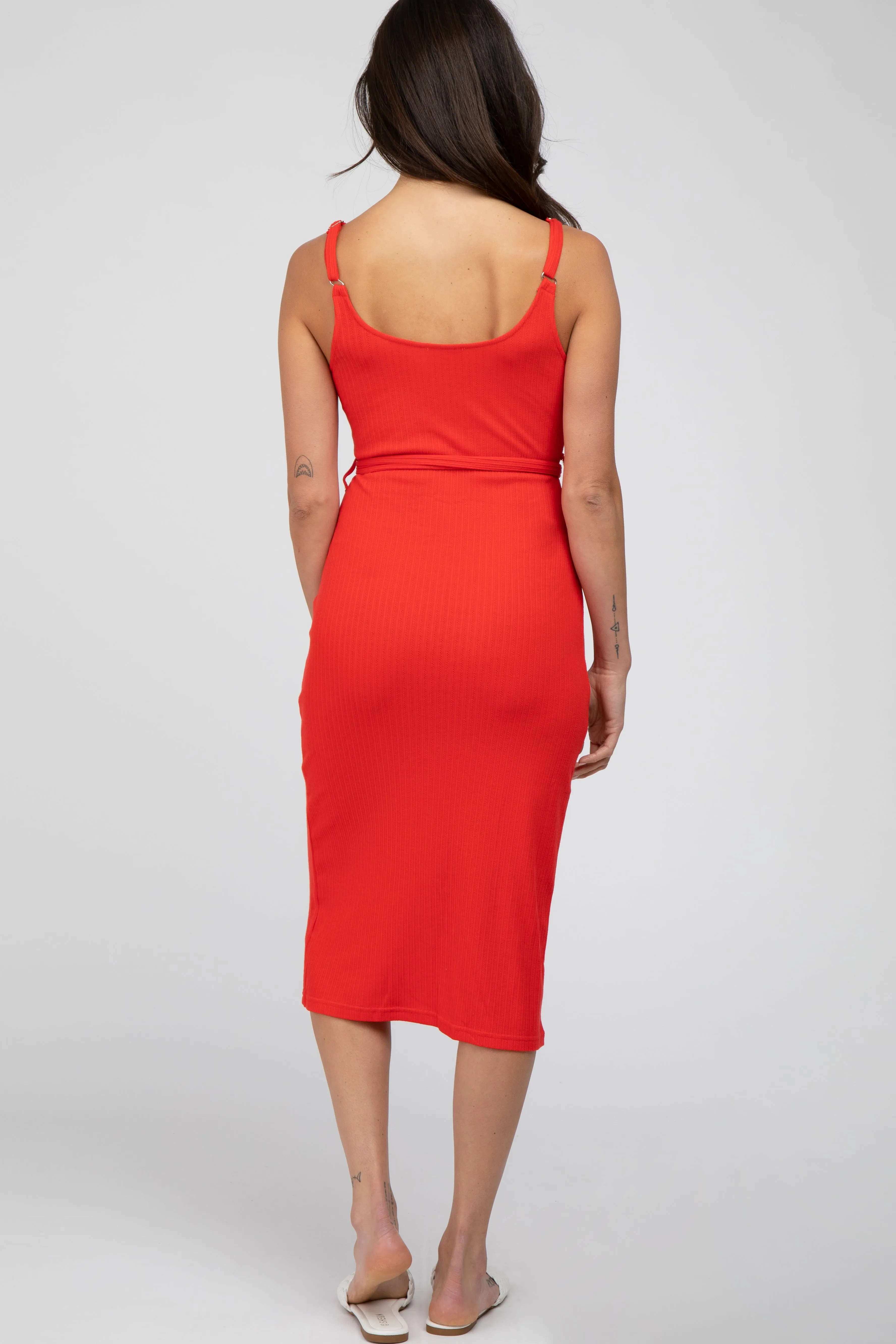 Red Ribbed Sash Tie Midi Dress sold by Pinkblush product image thumbnail 3