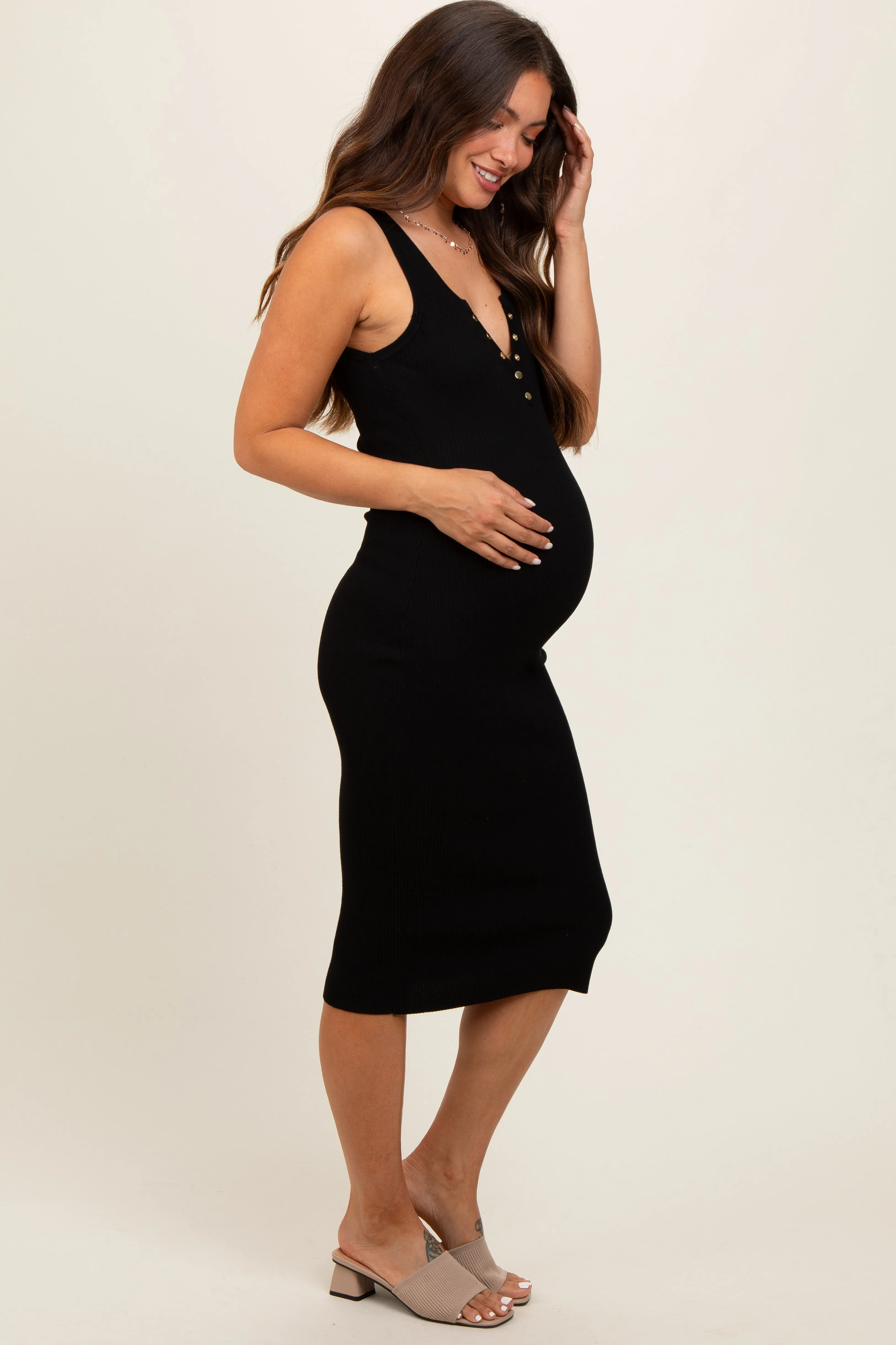 Black Ribbed Fitted Sleeveless Snap Button Maternity Dress sold by Pinkblush product image thumbnail 3