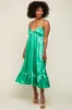Green Satin Smocked V-Neck Midi Dress sold by Pinkblush