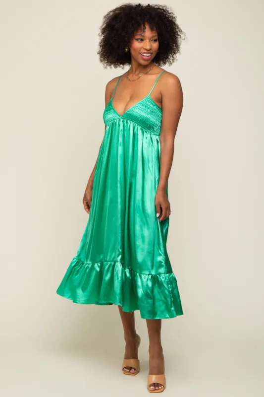 Green Satin Smocked V-Neck Midi Dress sold by Pinkblush