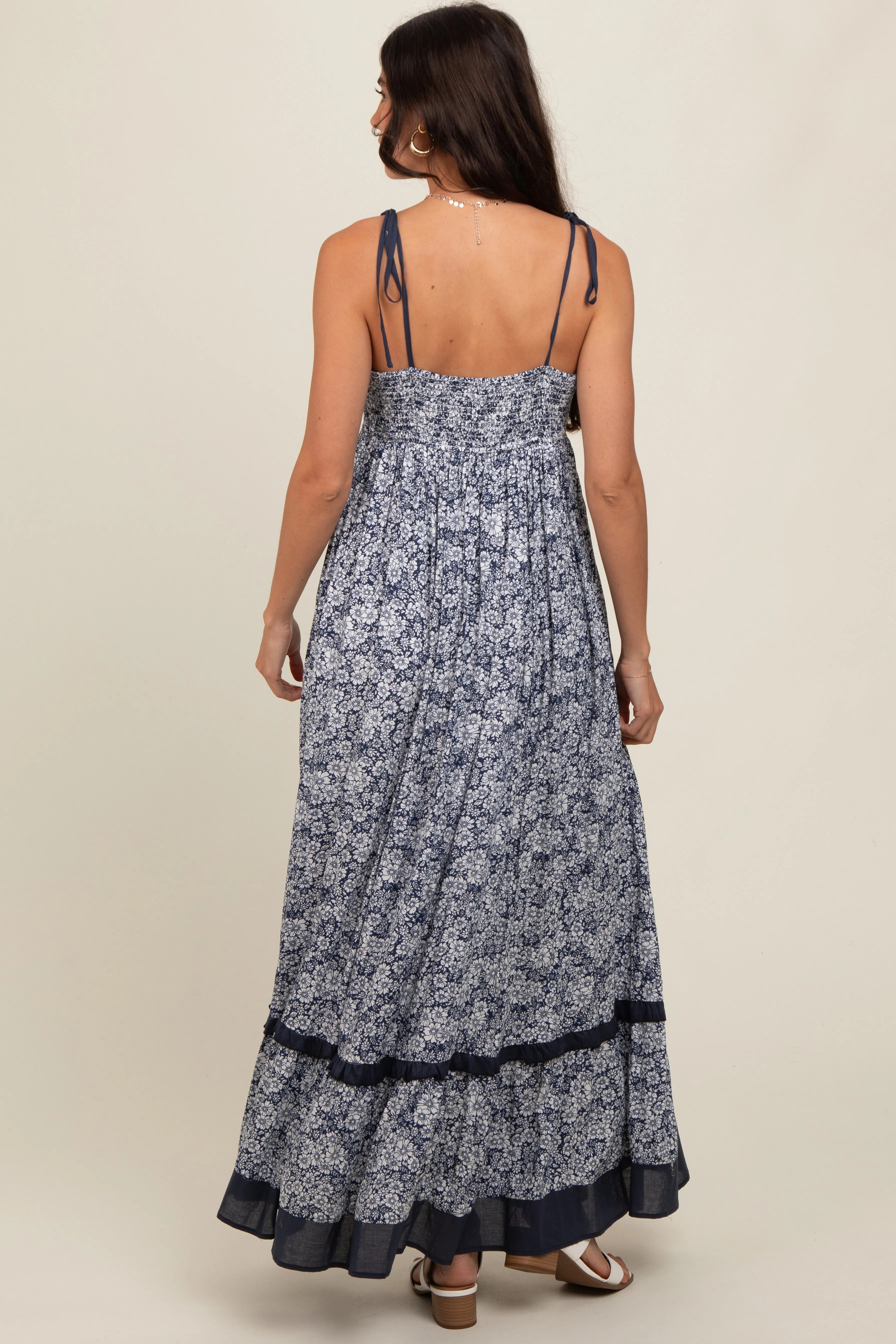 Navy Floral Shoulder Tie Maxi Dress sold by Pinkblush product image thumbnail 5