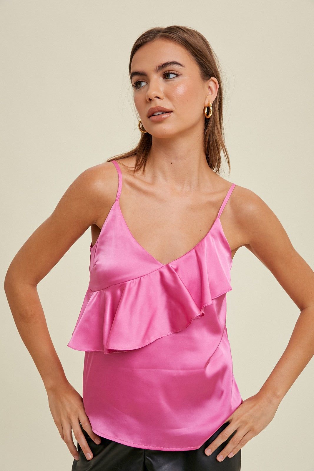 Pink Satin Cami With Asymmetrical Ruffle Detail sold by Pinkblush