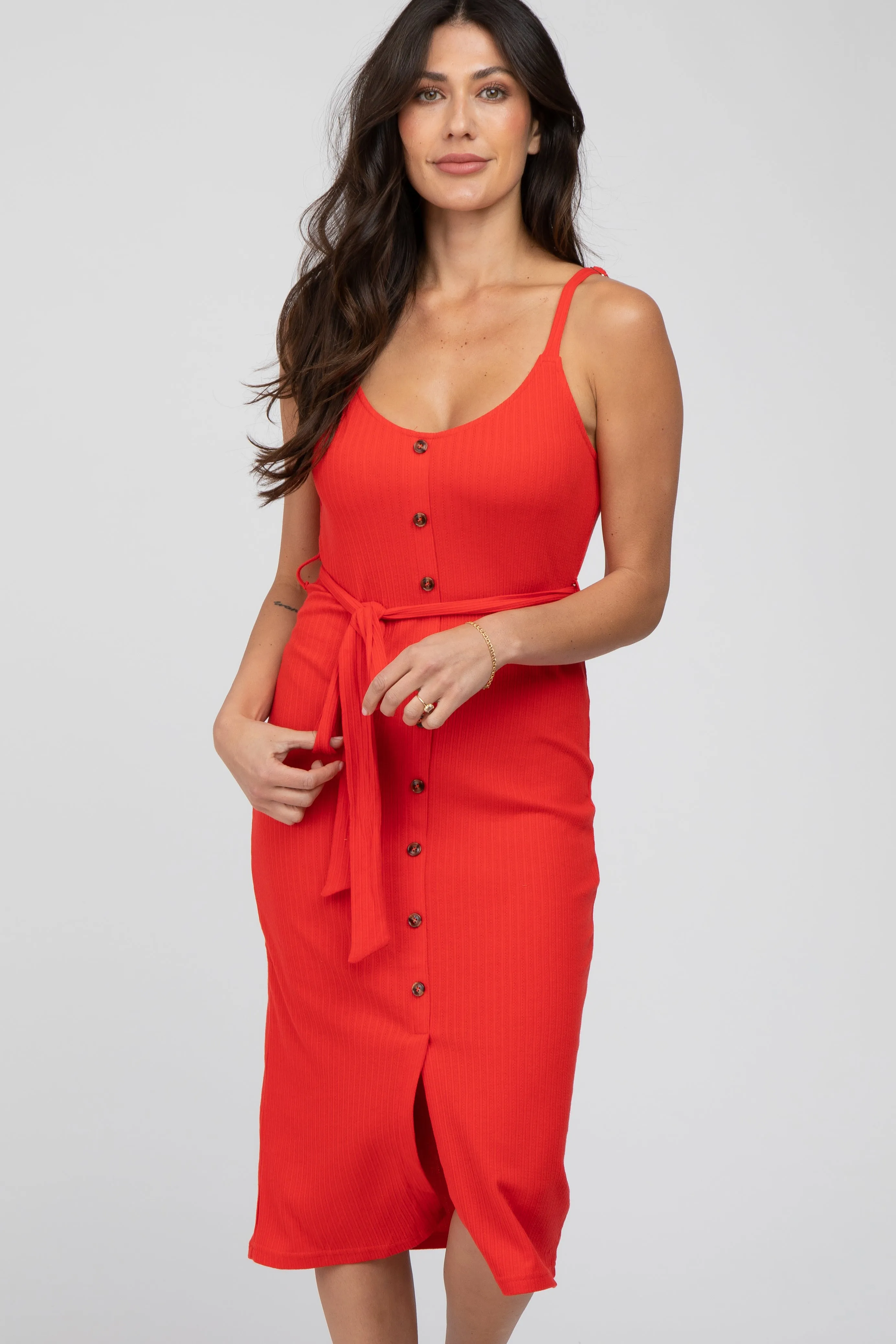 Red Ribbed Sash Tie Midi Dress sold by Pinkblush product image thumbnail 4