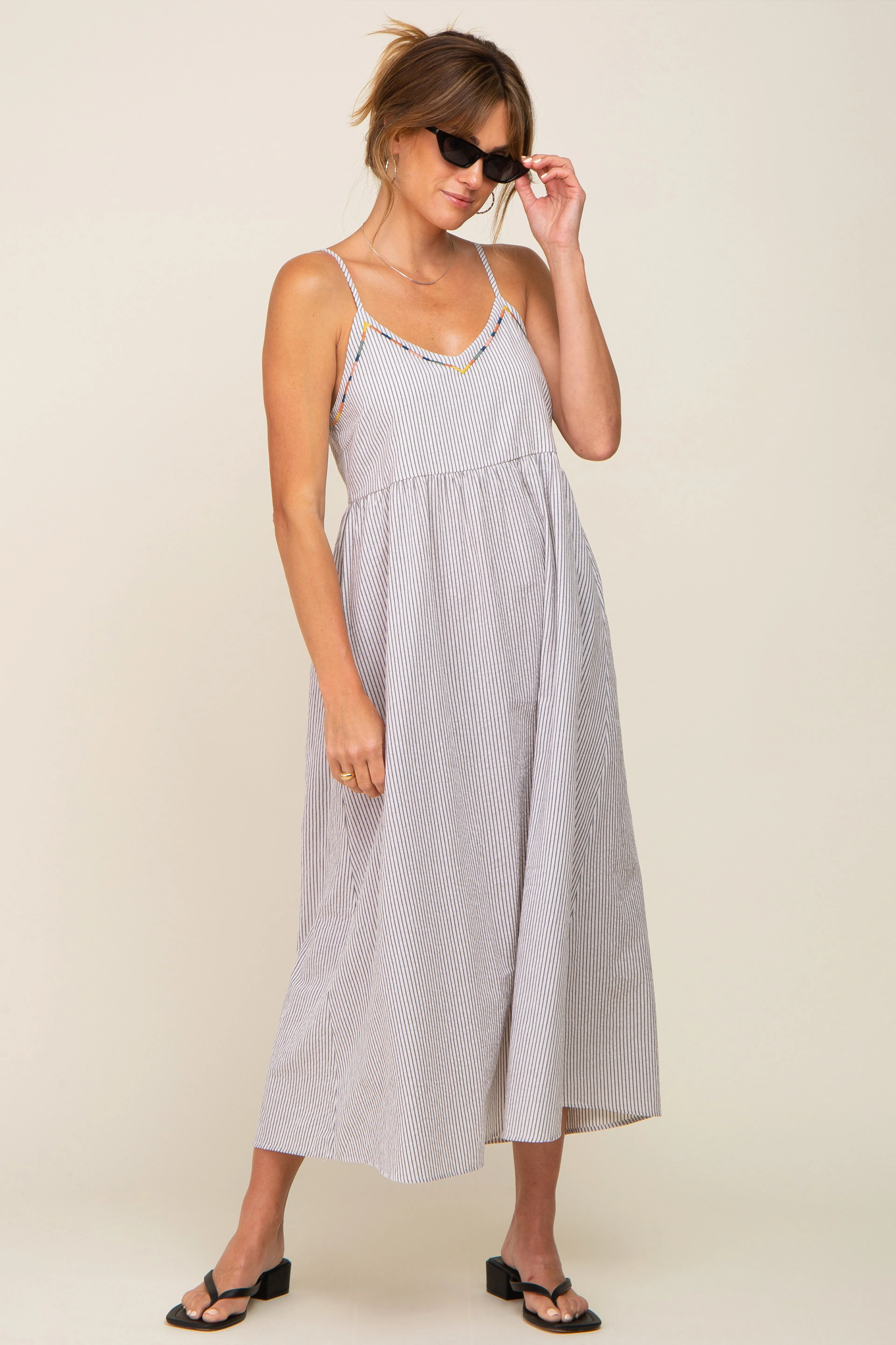 Light Blue Striped Embroidered Midi Dress sold by Pinkblush