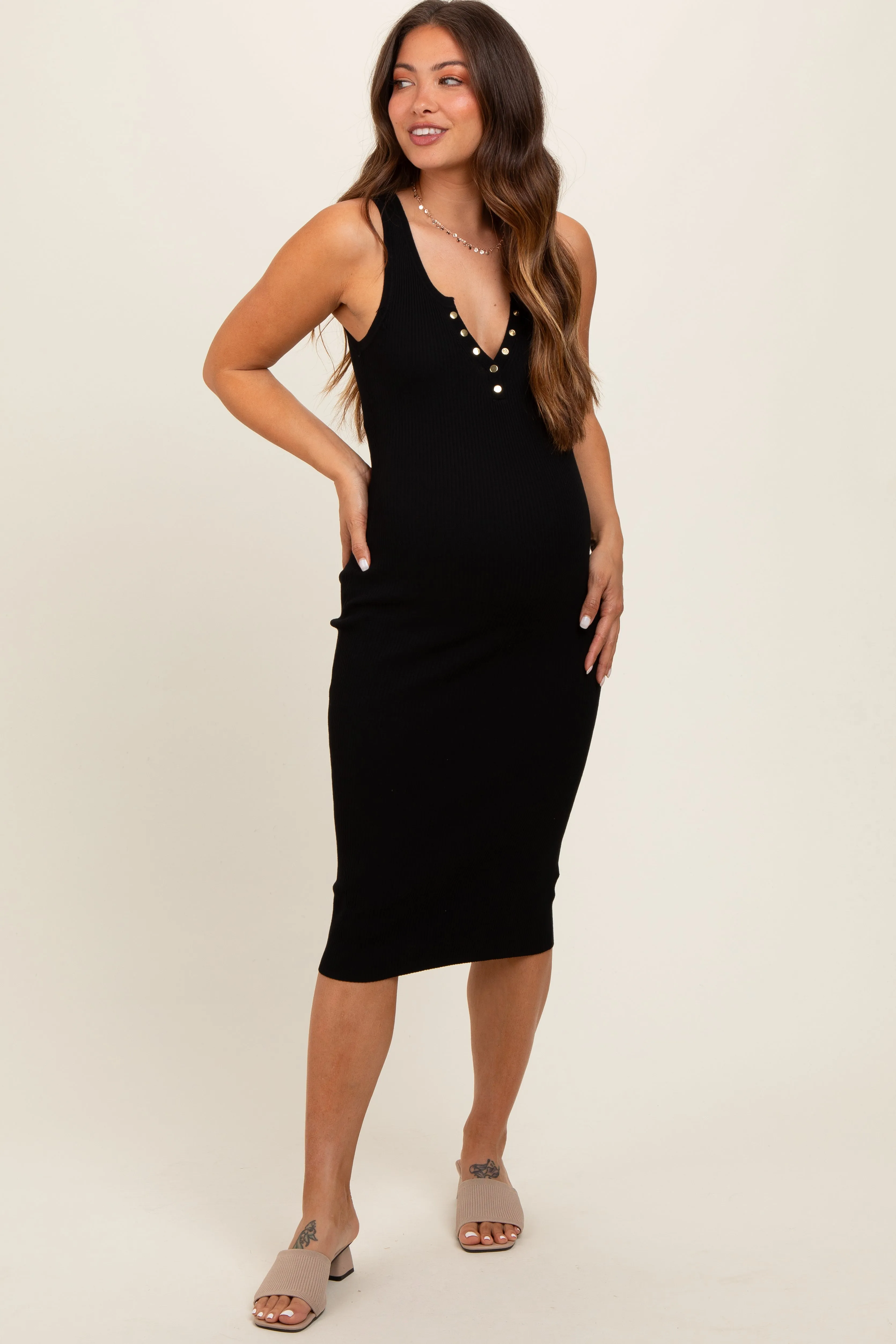 Black Ribbed Fitted Sleeveless Snap Button Maternity Dress sold by Pinkblush