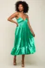 Green Satin Smocked V-Neck Midi Dress sold by Pinkblush