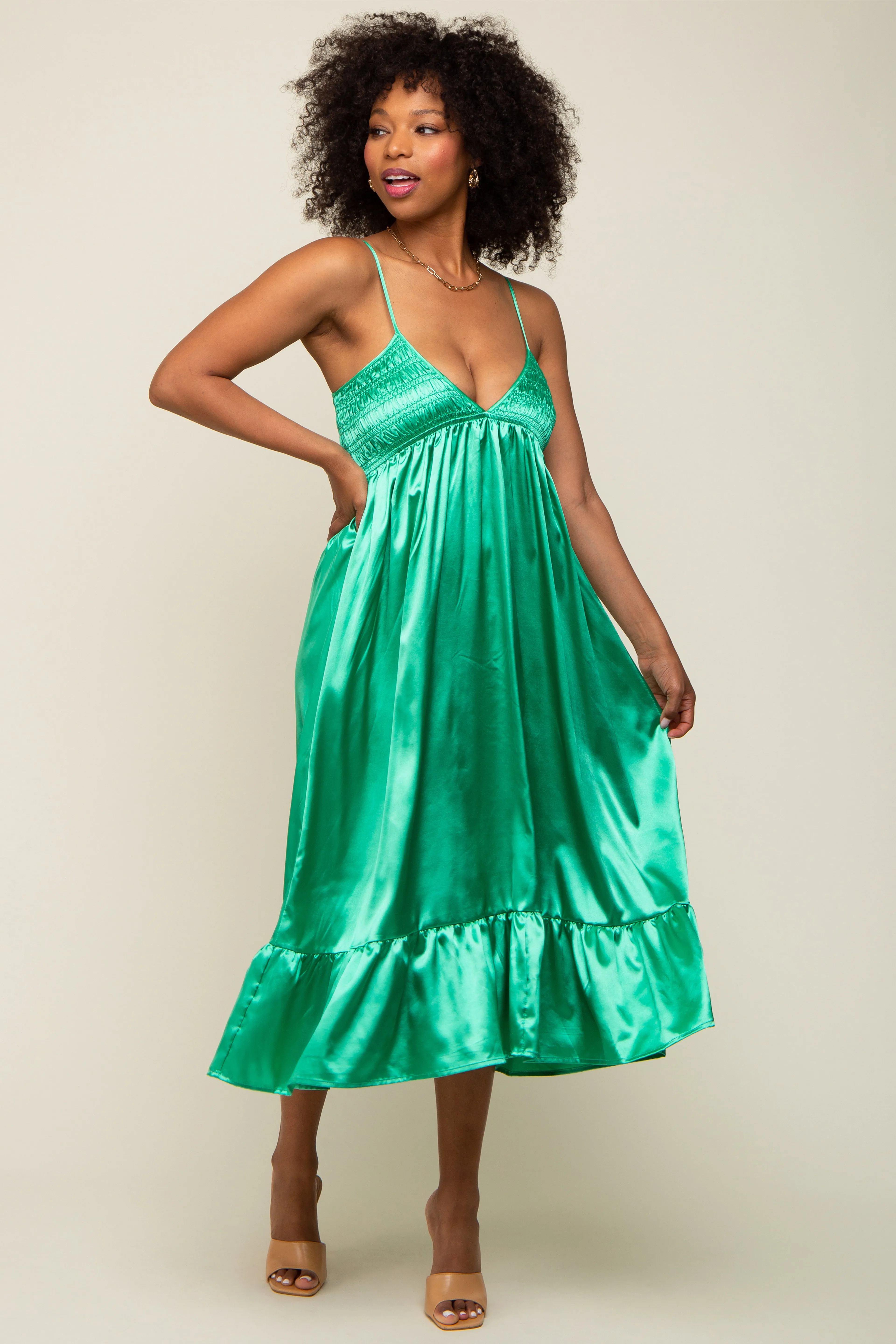 Green Satin Smocked V-Neck Midi Dress sold by Pinkblush product image thumbnail 2