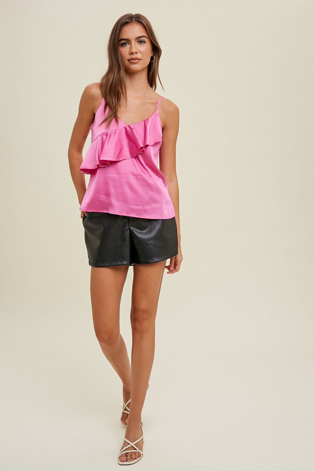 Pink Satin Cami With Asymmetrical Ruffle Detail sold by Pinkblush product image thumbnail 2