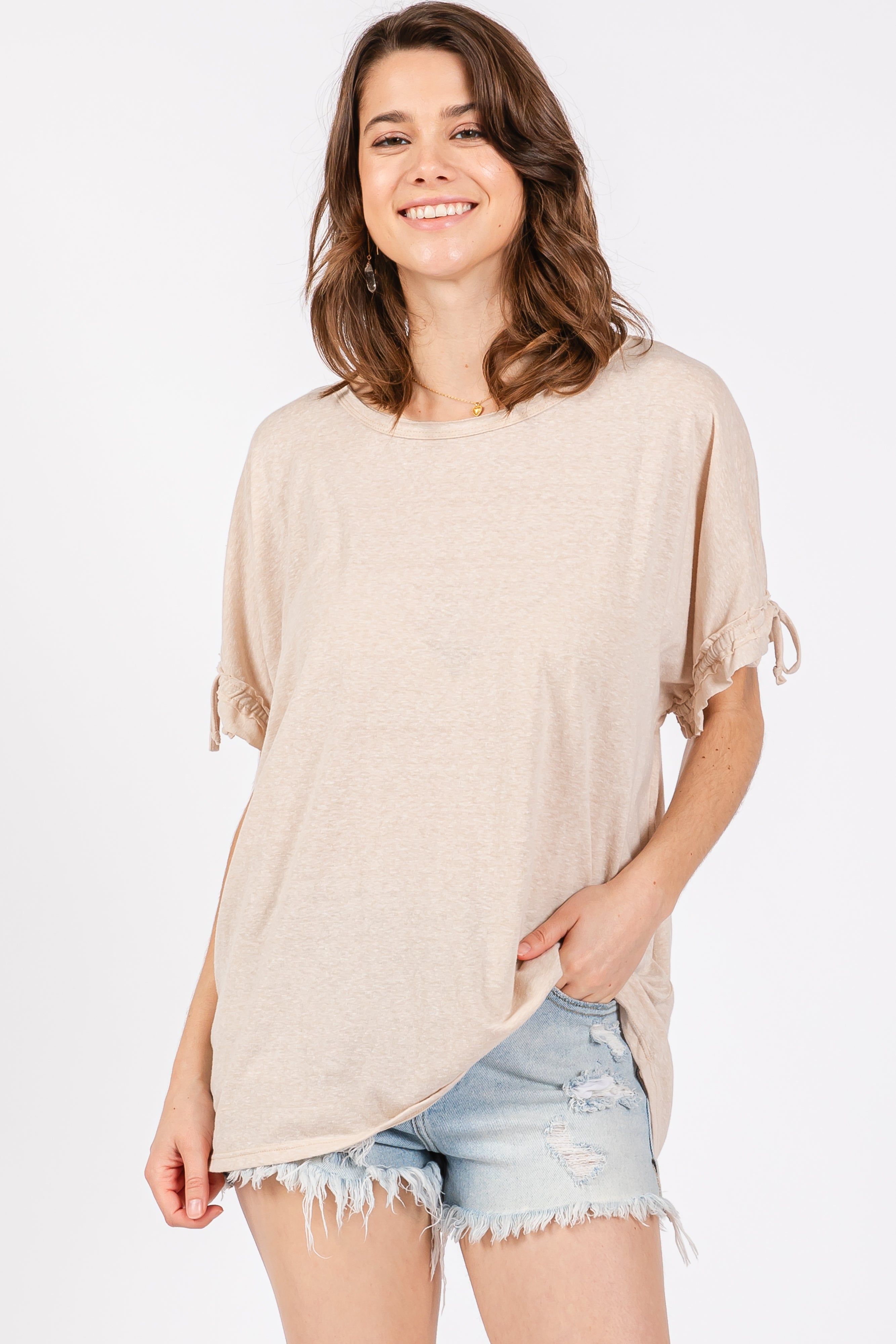 Beige Drawstring Dolman Sleeve Top sold by Pinkblush
