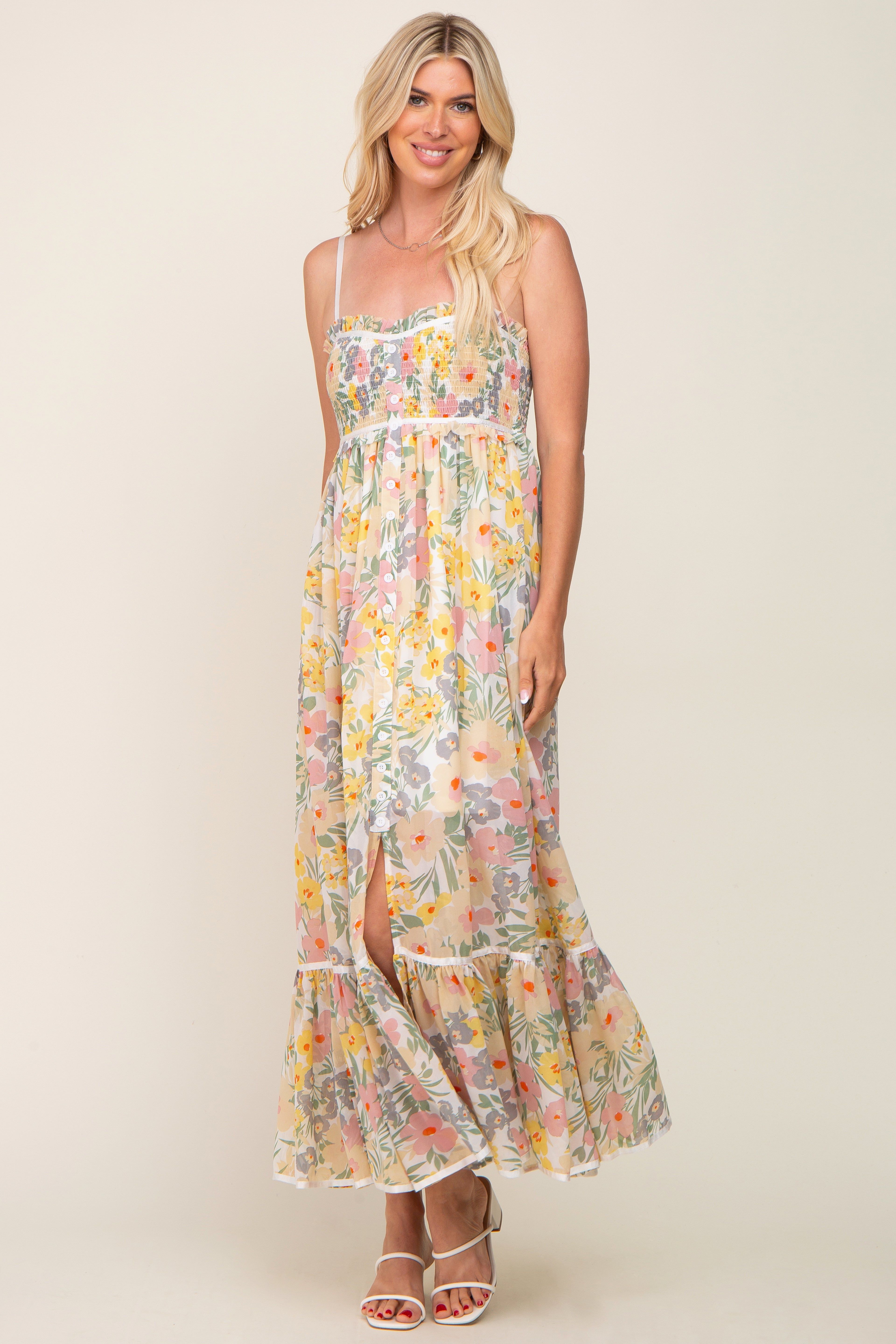 White Floral Sleeveless Button Down Maxi Dress sold by Pinkblush product image thumbnail 5