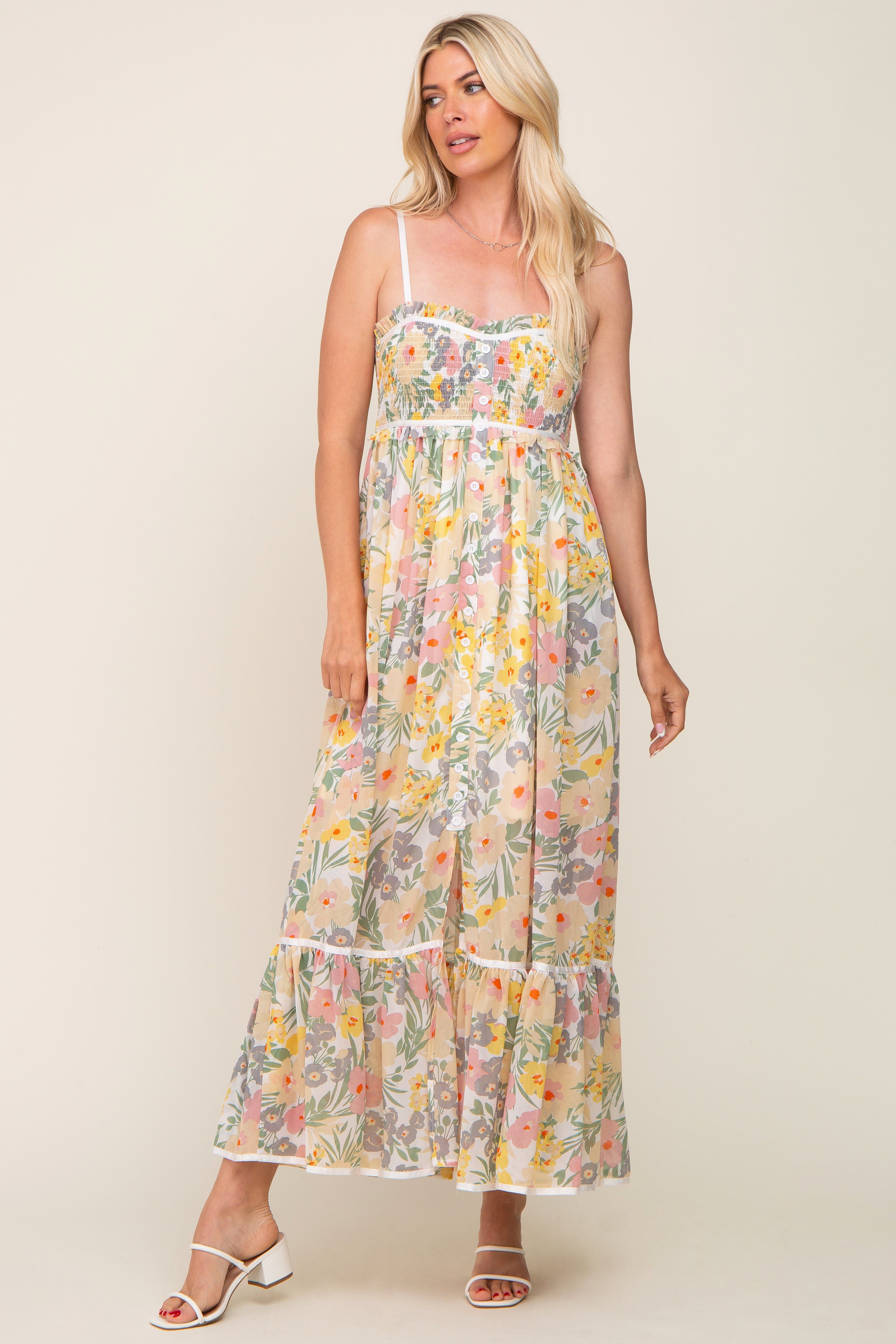 White Floral Sleeveless Button Down Maxi Dress sold by Pinkblush product image thumbnail 4