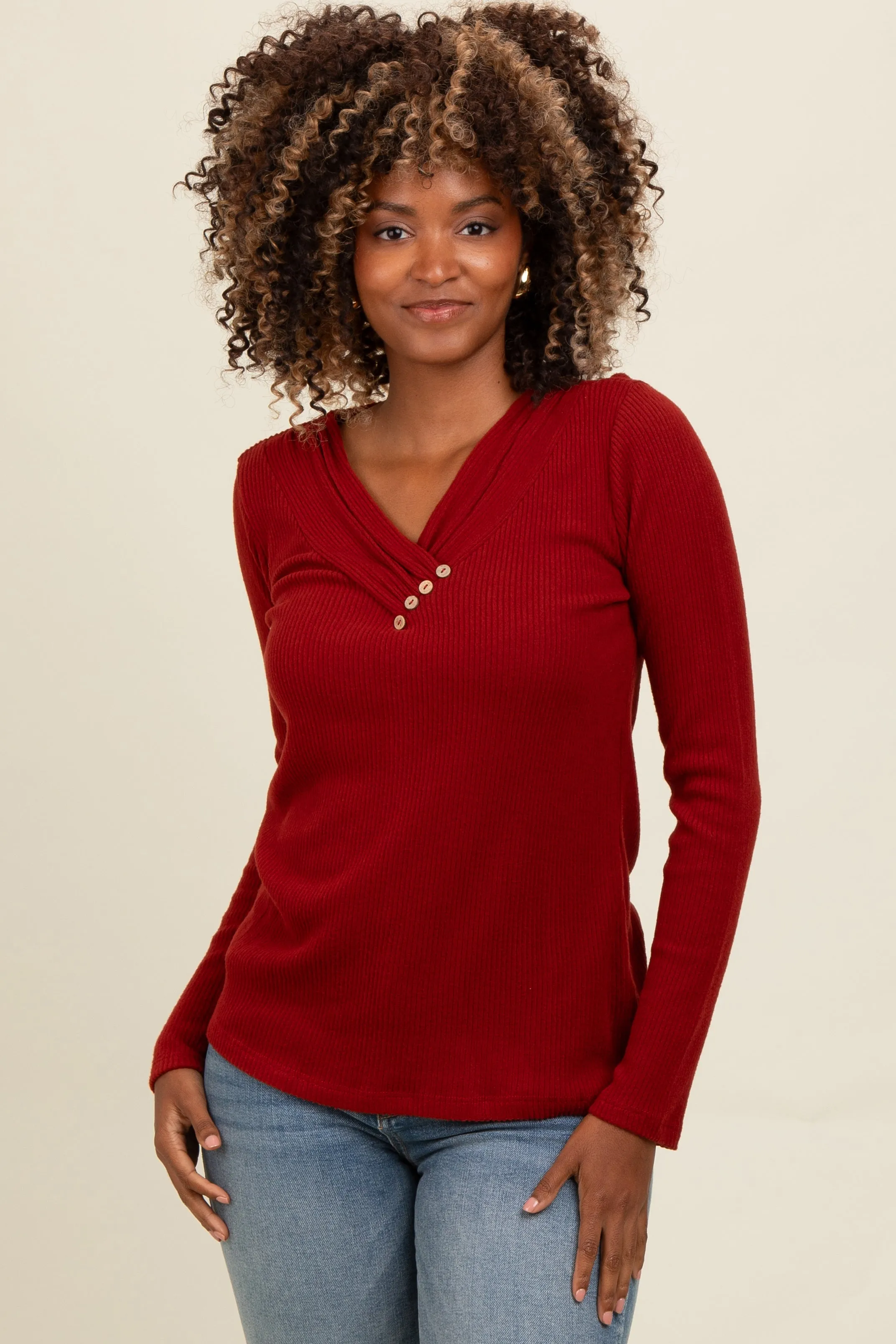 Rust V-Neck Long Sleeve Top sold by Pinkblush