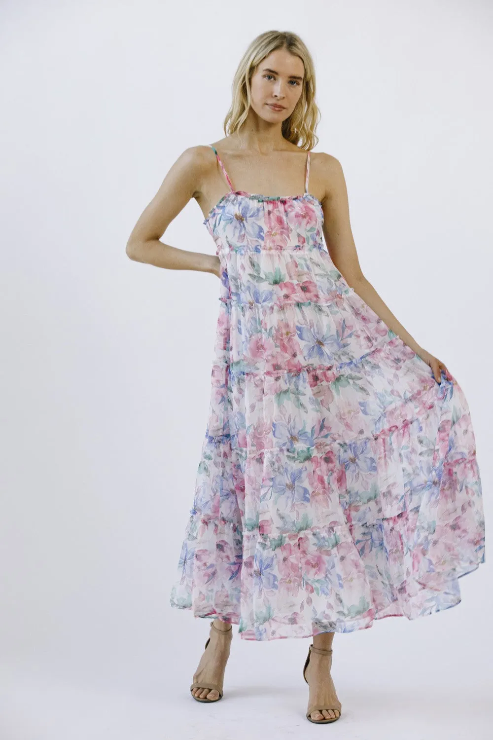 Multicolor Floral Chiffon Ruffle Tiered Maxi Dress sold by Pinkblush