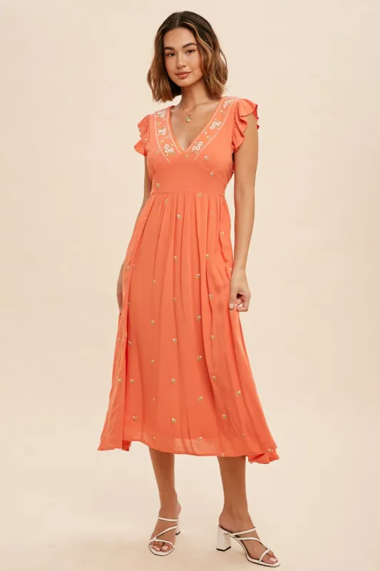 Coral Floral Embroidered V Neck Midi Dress made by Pinkblush