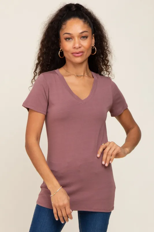 Dark Burgundy Basic V-Neck Tee sold by Pinkblush
