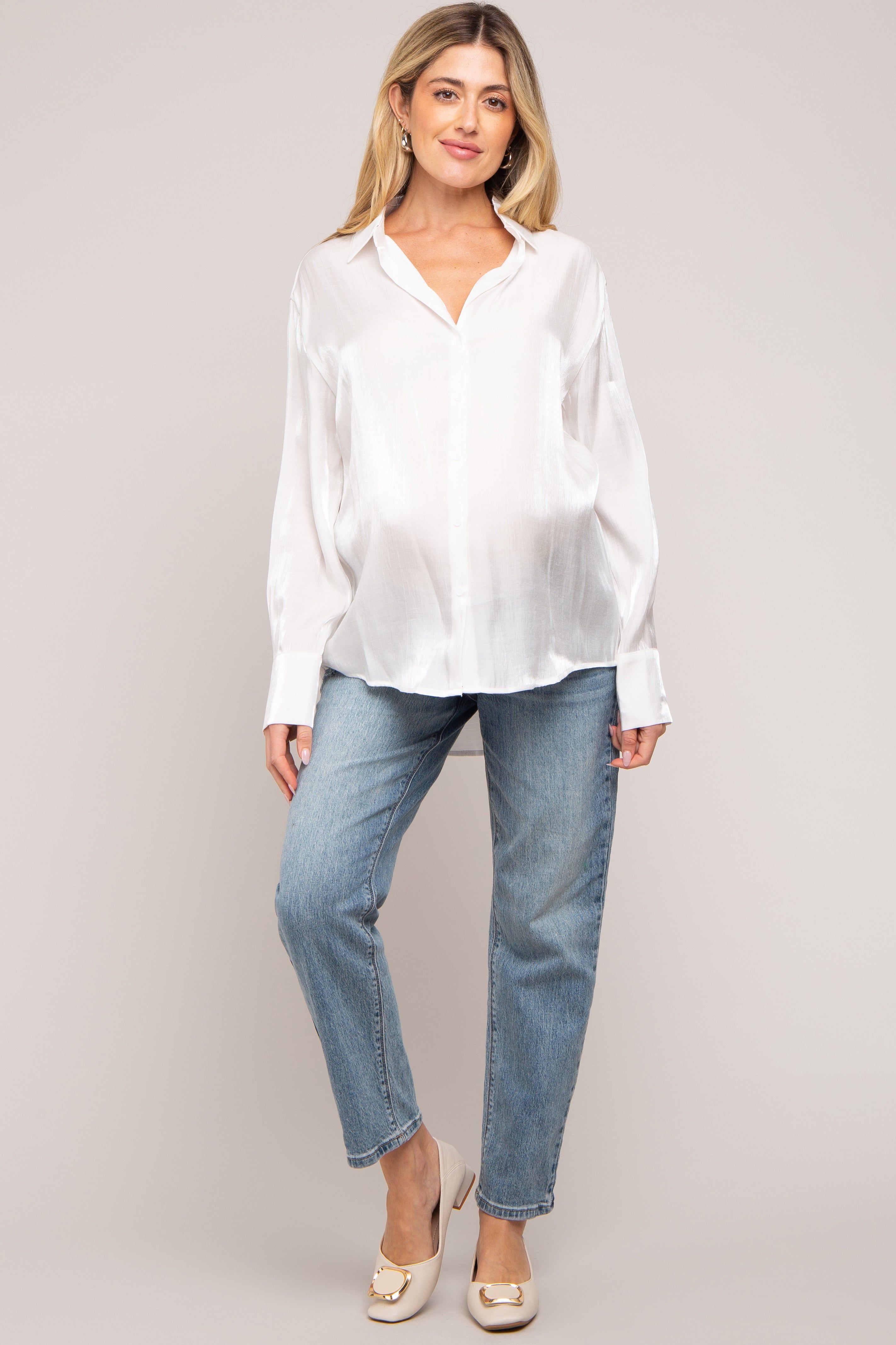 White Shimmer Satin Button Up Long Sleeve Maternity Blouse sold by Pinkblush product image thumbnail 4