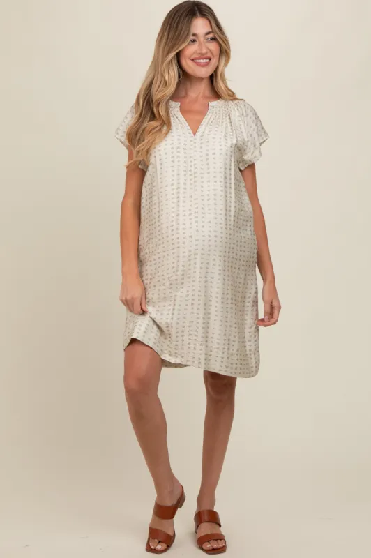 Cream Printed Split V-Neckline Maternity Dress sold by Pinkblush