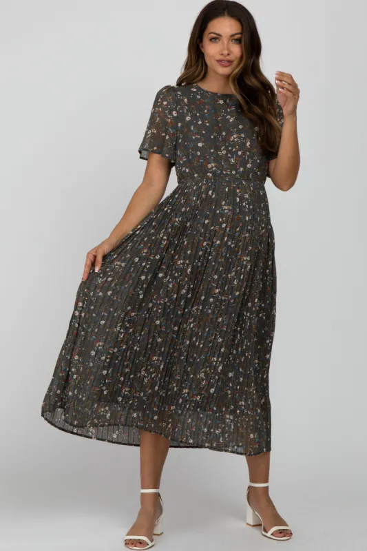 Teal Floral Pleated Chiffon Maternity Midi Dress sold by Pinkblush