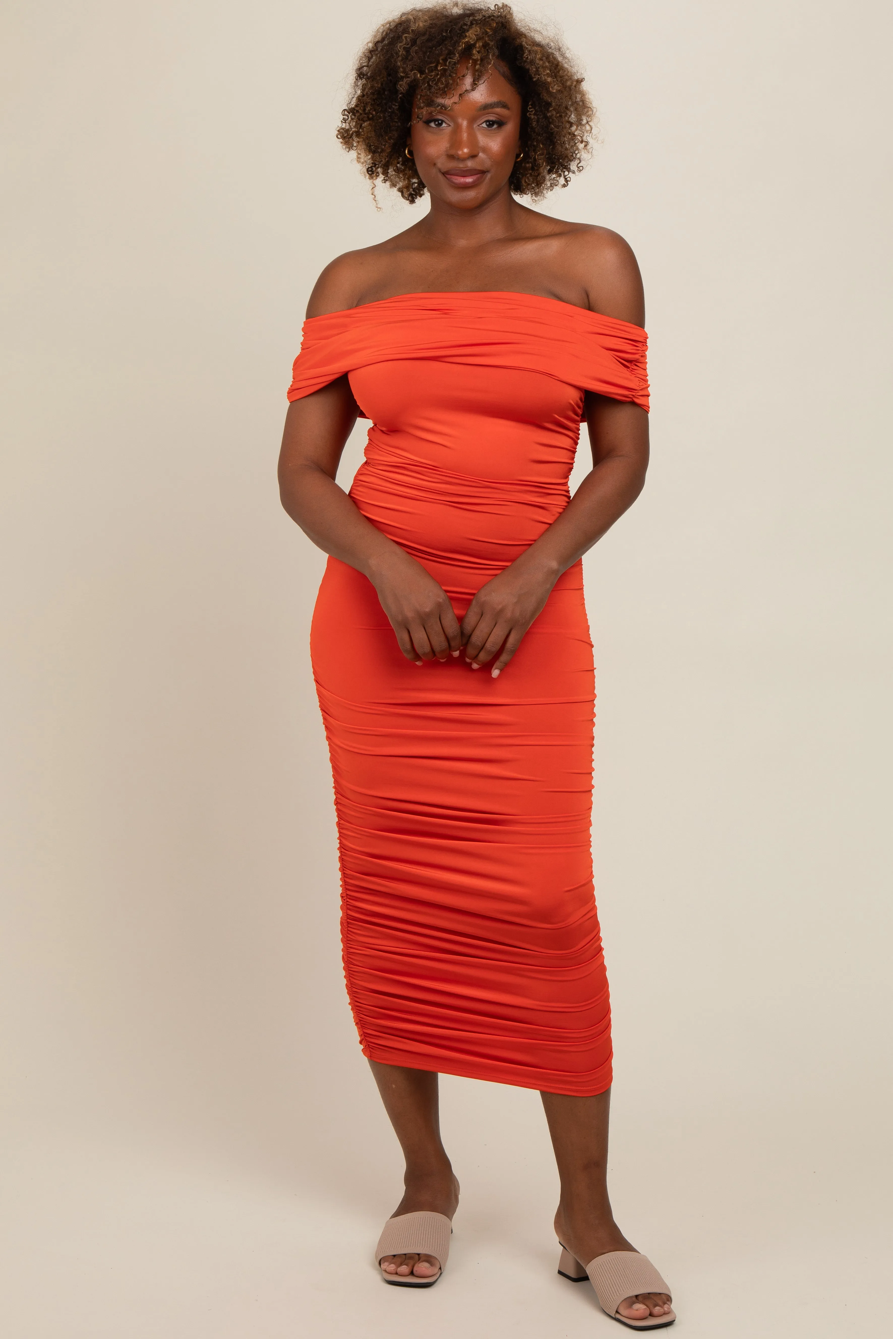 Orange Off Shoulder Ruched Midi Dress sold by Pinkblush