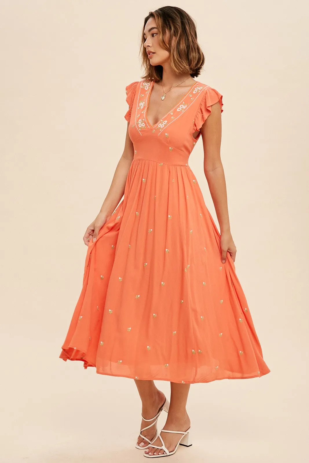 Coral Floral Embroidered V Neck Midi Dress sold by Pinkblush product image thumbnail 2