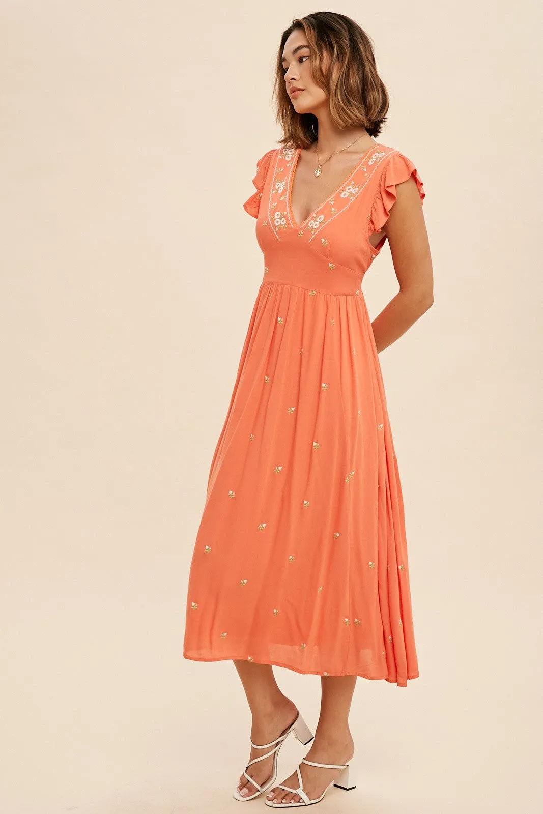 Coral Floral Embroidered V Neck Midi Dress sold by Pinkblush product image thumbnail 3