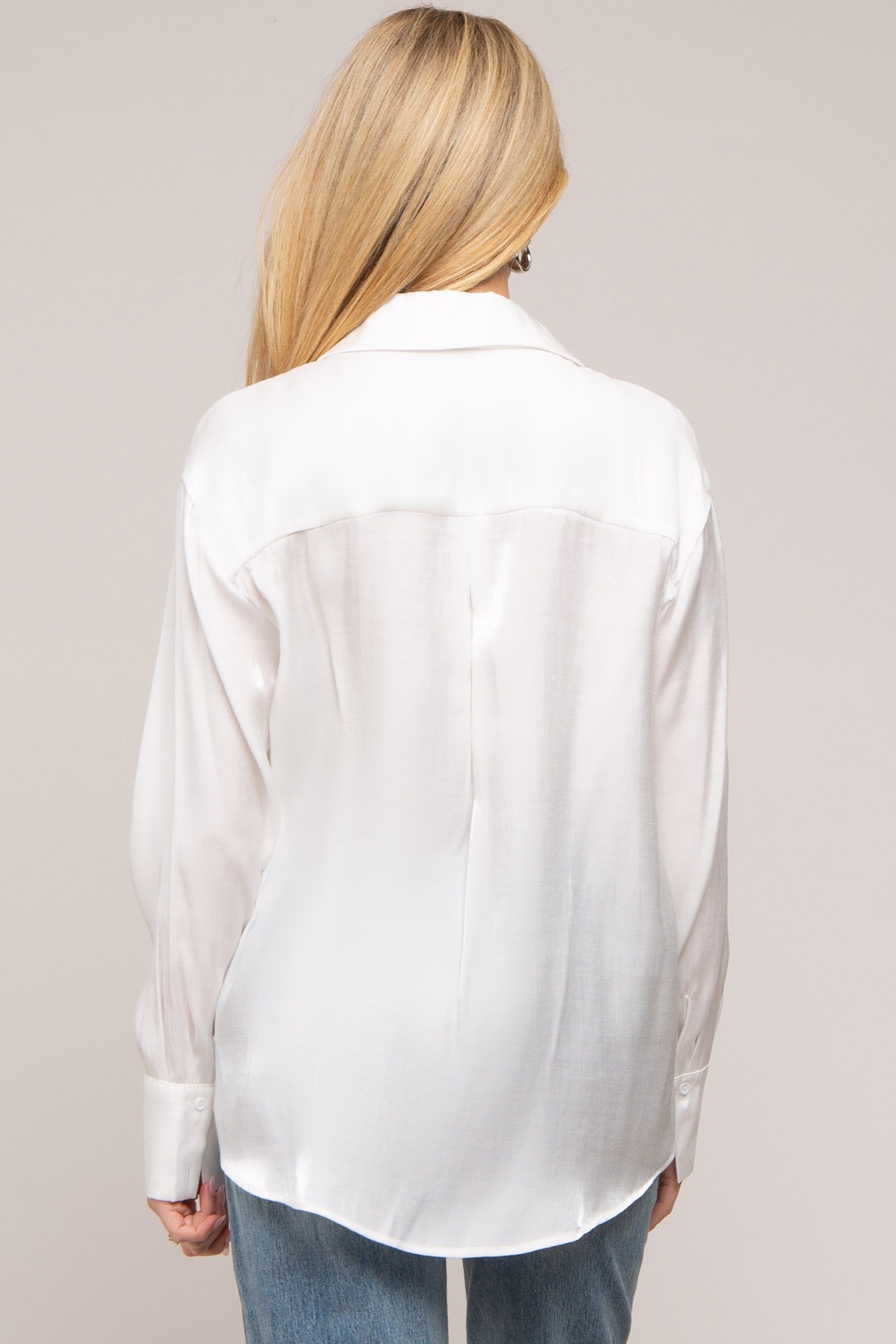 White Shimmer Satin Button Up Long Sleeve Maternity Blouse sold by Pinkblush product image thumbnail 3