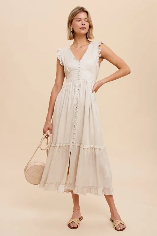 Cream Linen Button Front Ruffle Midi Dress sold by Pinkblush