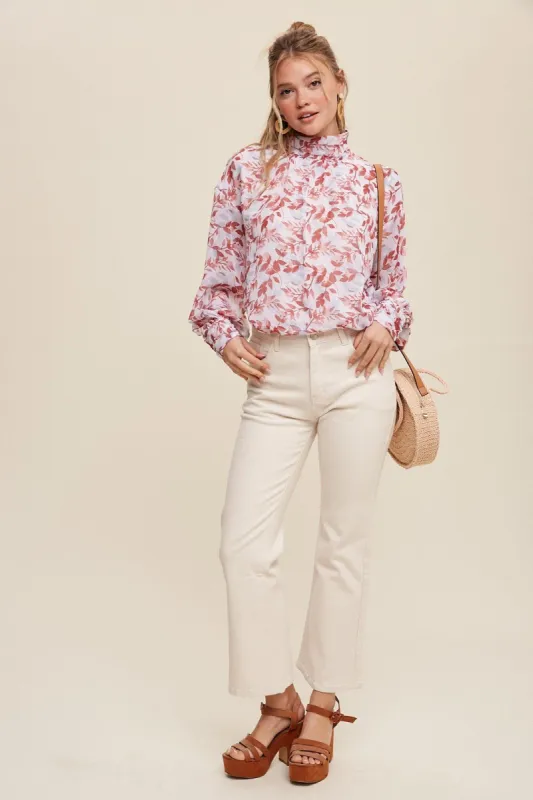 Burgundy Leaf Print Mock Neck Long Sleeve Blouse sold by Pinkblush