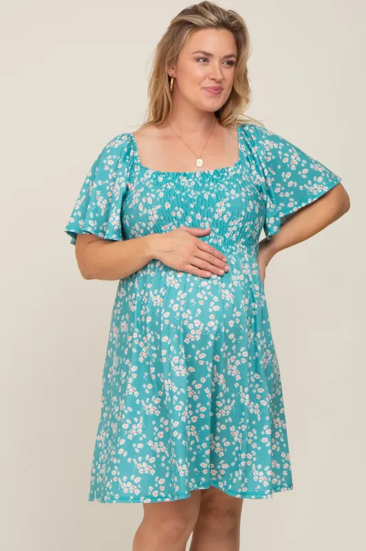 Teal Floral Smocked Maternity Plus Dress sold by Pinkblush
