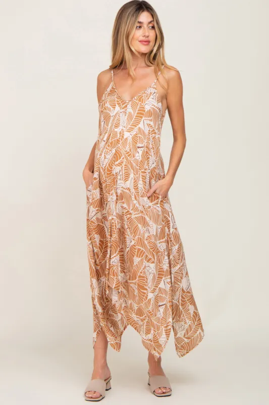 Camel Leaf Print Handkerchief Maternity Midi Dress sold by Pinkblush