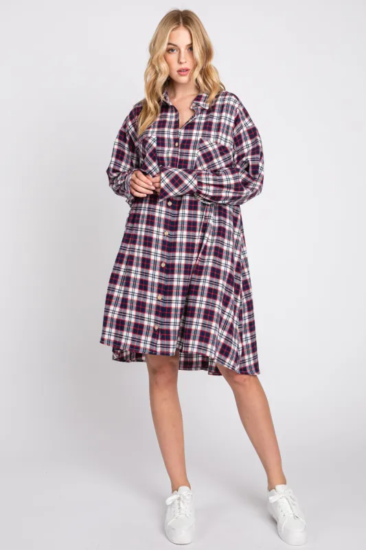 Navy Plaid Button Down Oversize Mini Shirt Dress sold by Pinkblush
