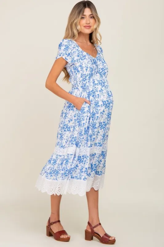 Blue Floral Pleated Eyelet Trim Maternity Midi Dress sold by Pinkblush