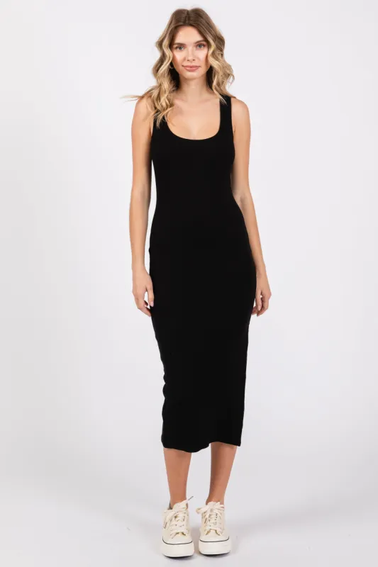 Brown Ribbed Collared Fitted Side Slit Maternity Midi Dress sold by Pinkblush