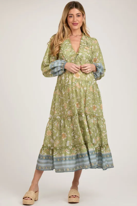 Light Green Floral Deep V-Neck Long Sleeve Maternity Midi Dress sold by Pinkblush