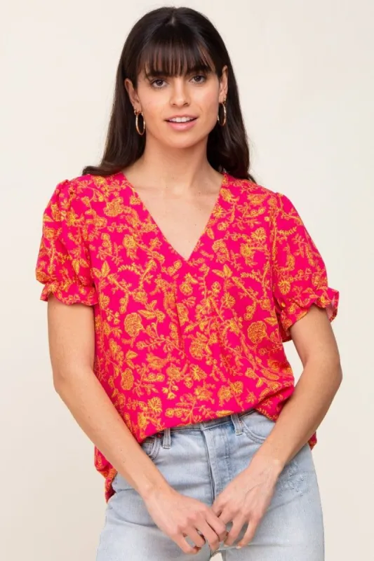 Fuchsia Floral Short Ruffle Sleeve Top sold by Pinkblush